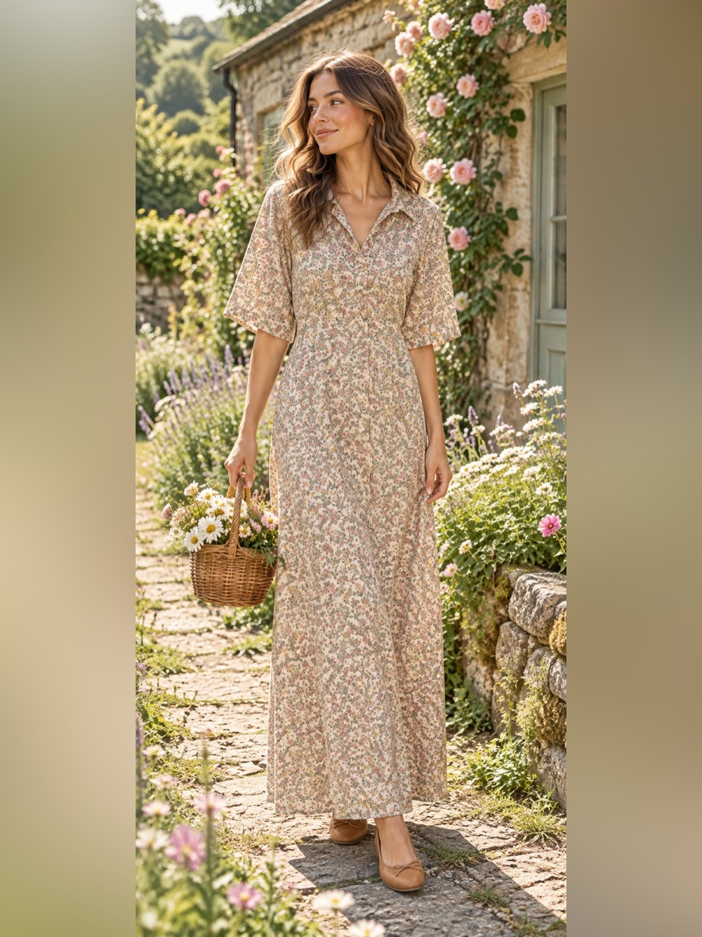 Zara Floral Printed Maxi Dress Modest Button V-Neck Large Short Sleeve Vacation